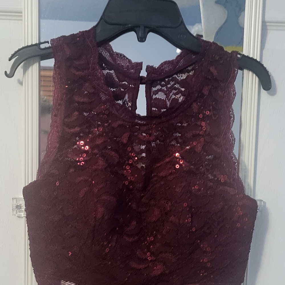 My Michelle Burgundy Lace Sequin Two Piece Set